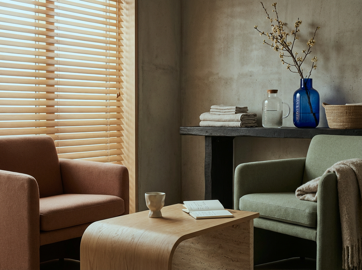 Sala de estar con sillones en tonos tierra y verde, mesa de madera con taza y libro, ventanales con persianas de madera, mesa auxiliar con toallas, jarra con agua, florero azul con ramas y flores, y una cesta.