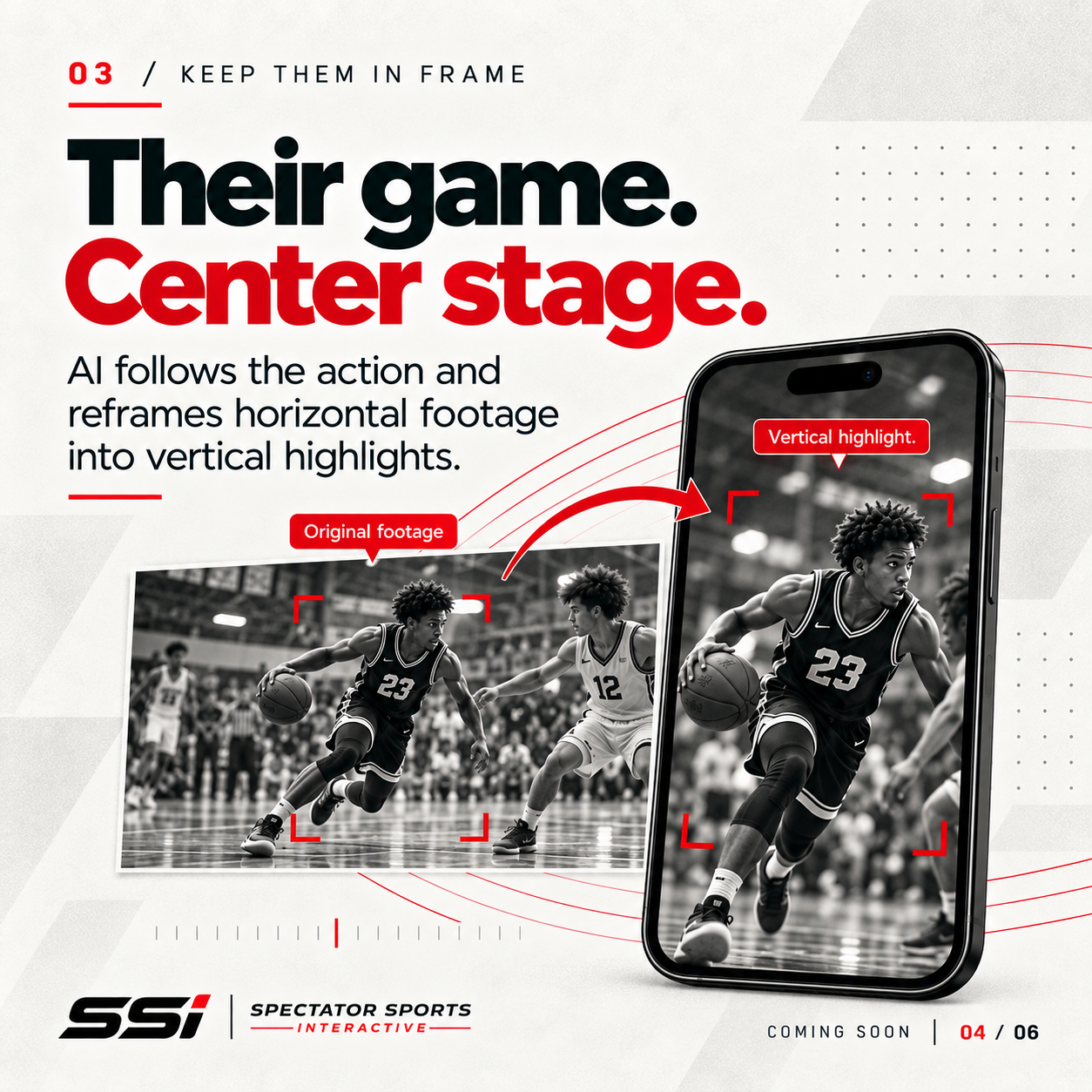Graphic showing a basketball game with a black-and-white photo of players, one dribbling, labeled as original footage, and a color version with a vertical highlight box on a smartphone screen. Text explains AI reframes footage into vertical highlights, emphasizing keeping focus on the game.