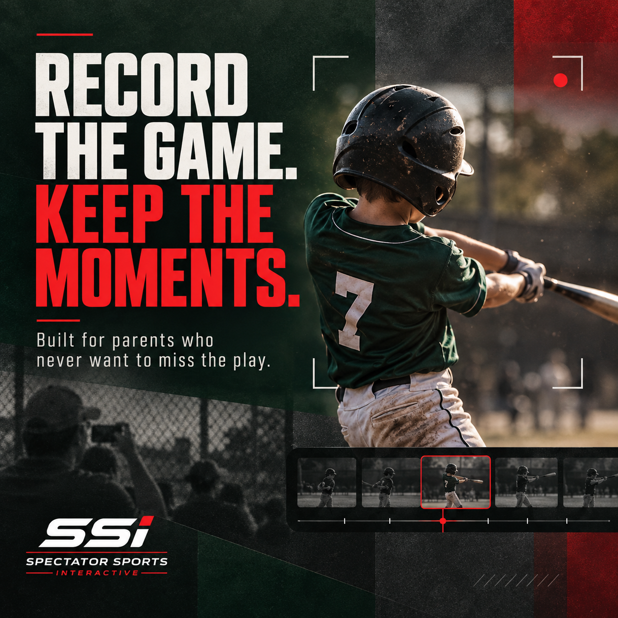A young baseball player swinging a bat during a game, with an overlay of text encouraging recording highlights and capturing moments for parents.