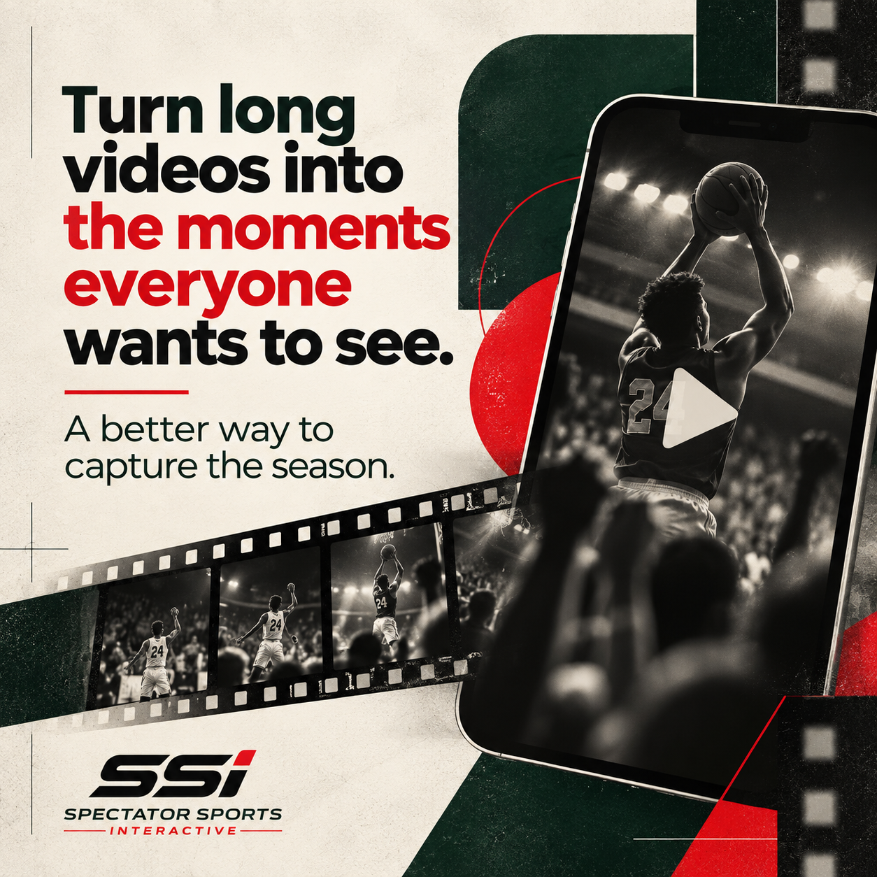 Promotional graphic for Spectator Sports Interactive showing black-and-white sports video highlights on a smartphone and film strip, with colorful geometric design and text promoting turning long videos into memorable moments.