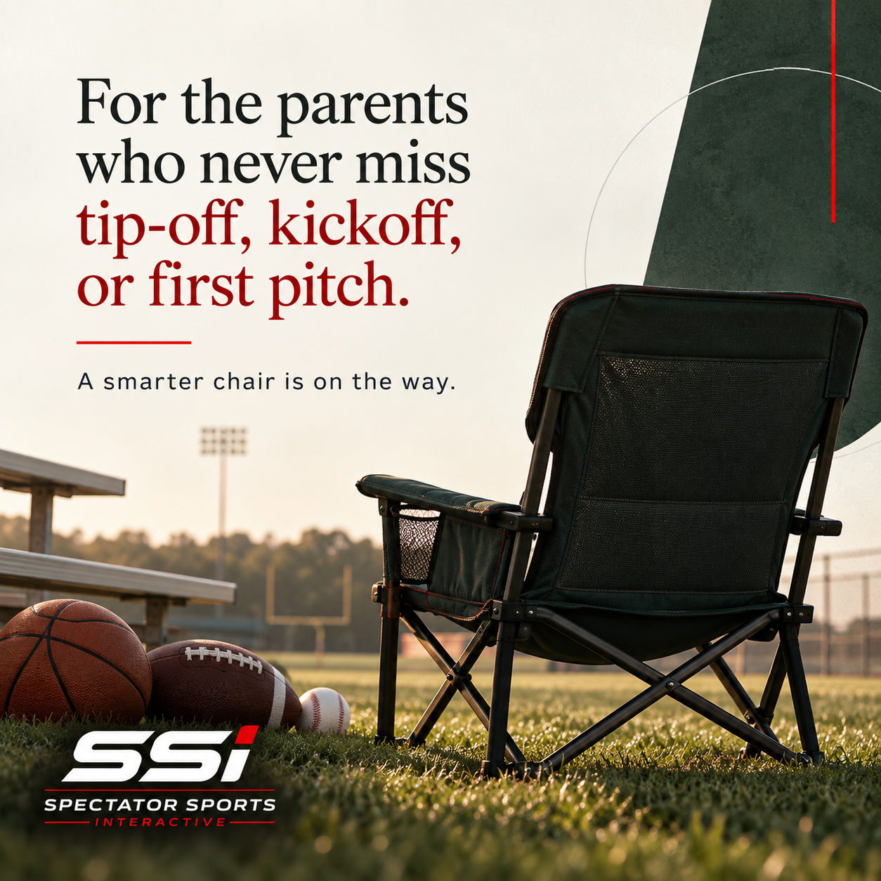 An outdoor sports field at sunset with a black folding chair, a basketball, a football, and a baseball on the grass, and a scoreboard in the background. The image includes text promoting spectator sports.