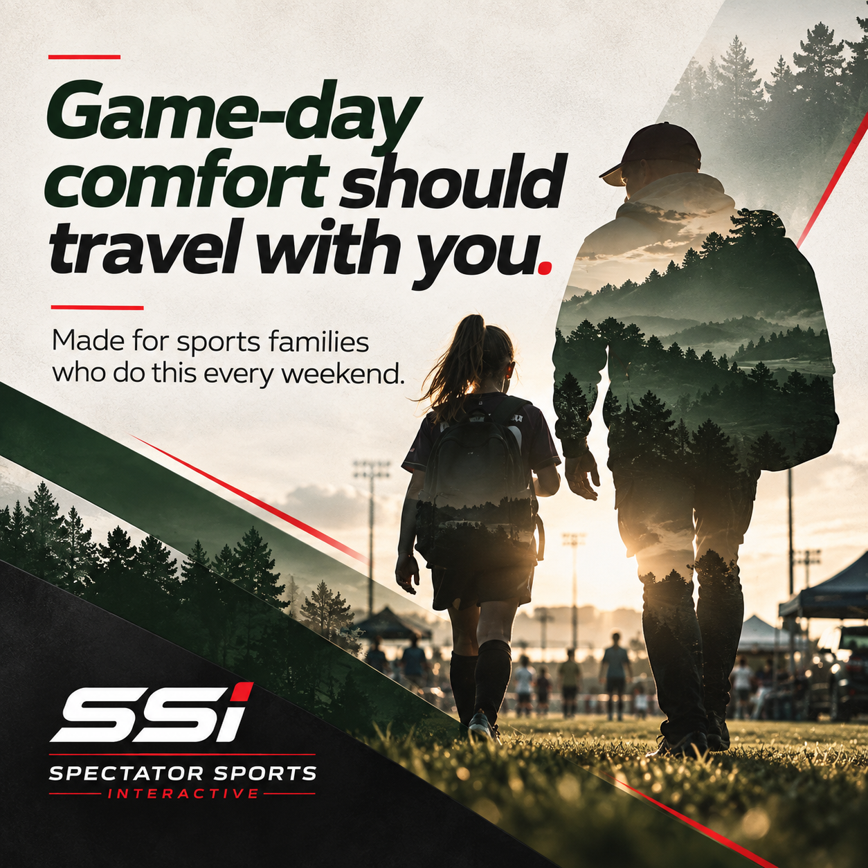 A parent and child holding hands at a sports game, with trees and a sunset sky in the background, overlayed with text promoting sports travel comfort and a sports brand logo.