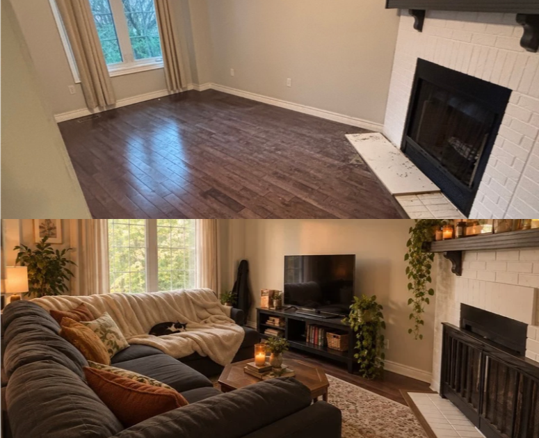 Before and after images of a living room. The first image shows an empty room with hardwood floors, beige curtains, and a white brick fireplace. The second image shows the same room decorated with a large sectional sofa, TV, shelves, plants, and candles.