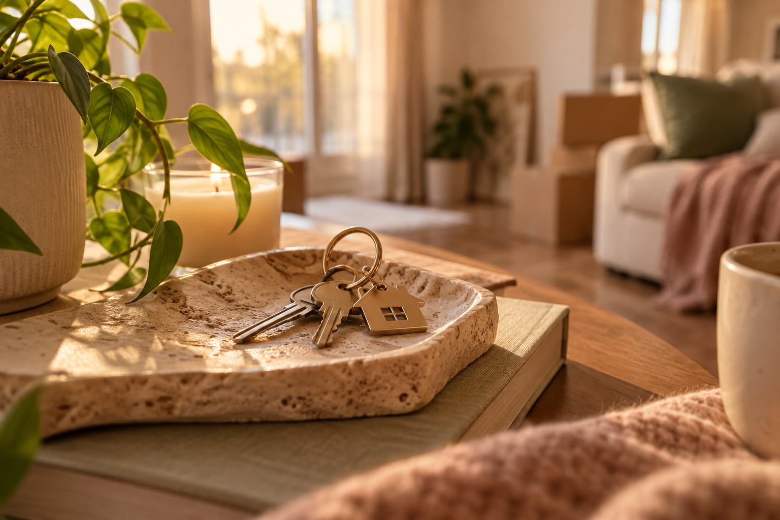 A set of house keys with a house-shaped keychain on a ceramic tray, next to a potted plant, candle, and coffee mug on a wooden table in a sunlit living room.