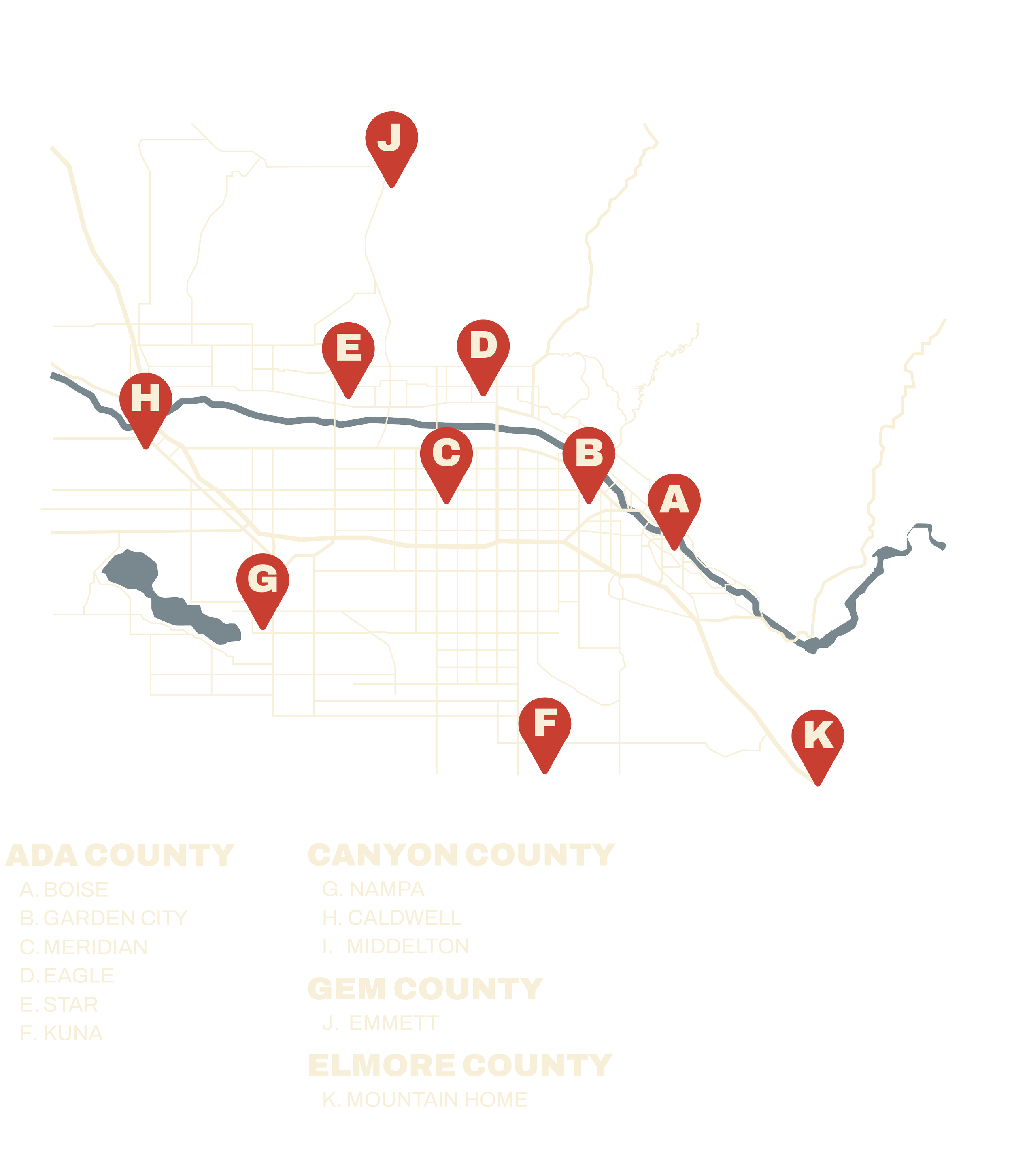 Map of Boise, Meridian, Eagle, Star, Kuna, Caldwell, Middleton, Emmet, Nampa, and Mountain Home in Idaho with labels and markers indicating specific locations.