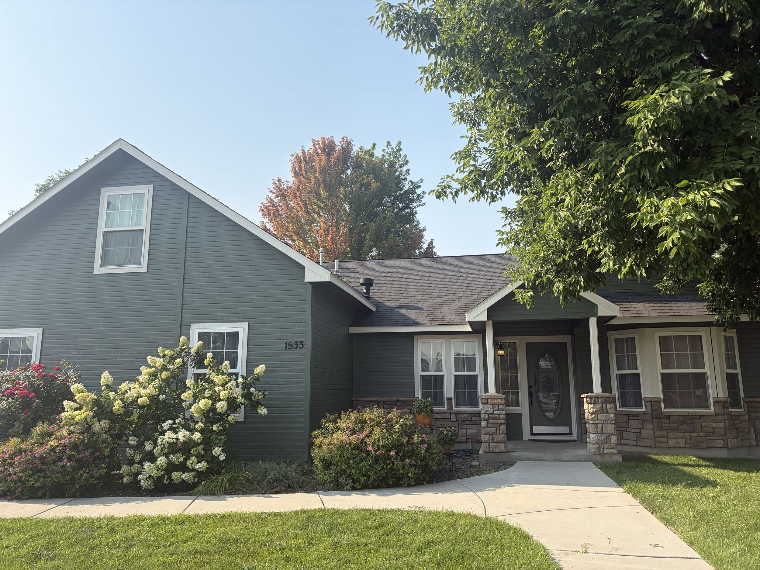 A house with blue siding and a gable roof, surrounded by flowering bushes and trees, with a concrete walkway leading to the front door under a small porch. After a fresh exterior paint from Idaho Valley Painting in Meridian, Idaho