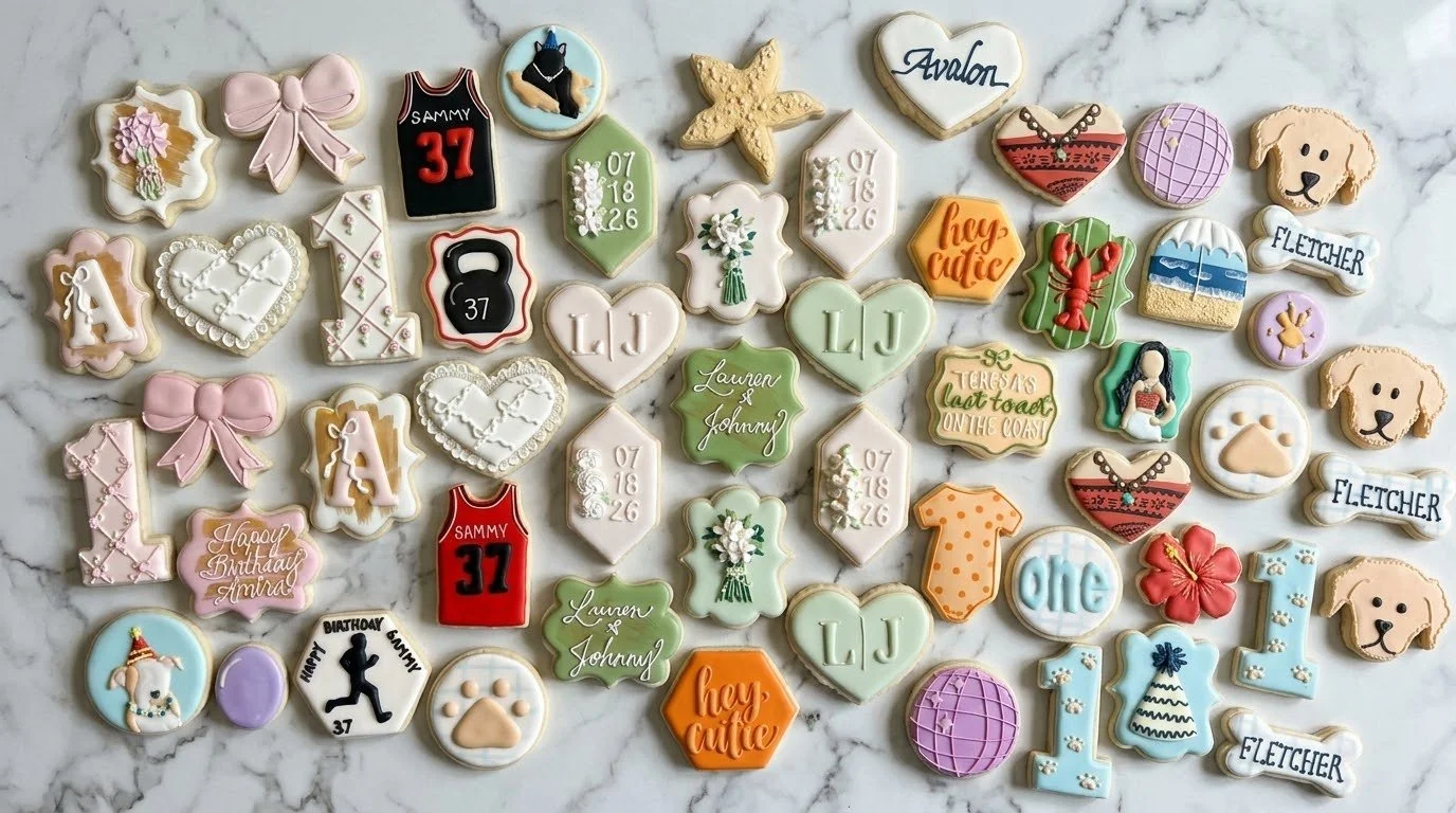 Assorted decorated cookies with various shapes and messages, including hearts, stars, animals, and text. Some cookies display names, dates, and greetings, while others are shaped as animals, flowers, sports jerseys, and symbols.