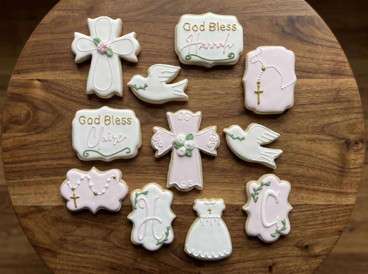 Decorated religious-themed cookies placed on a wooden surface. The cookies include crosses, doves, a rosary, and cards with inscriptions such as 'God Bless Hannah', 'God Bless Claire', and initial 'C'. The cookies are decorated with pastel-colored icing and floral accents.