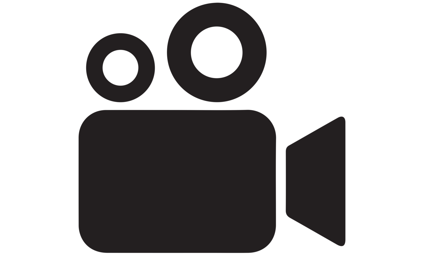 Black icon of a video camera with two circular reels on top and a rectangular body with a side view lens.