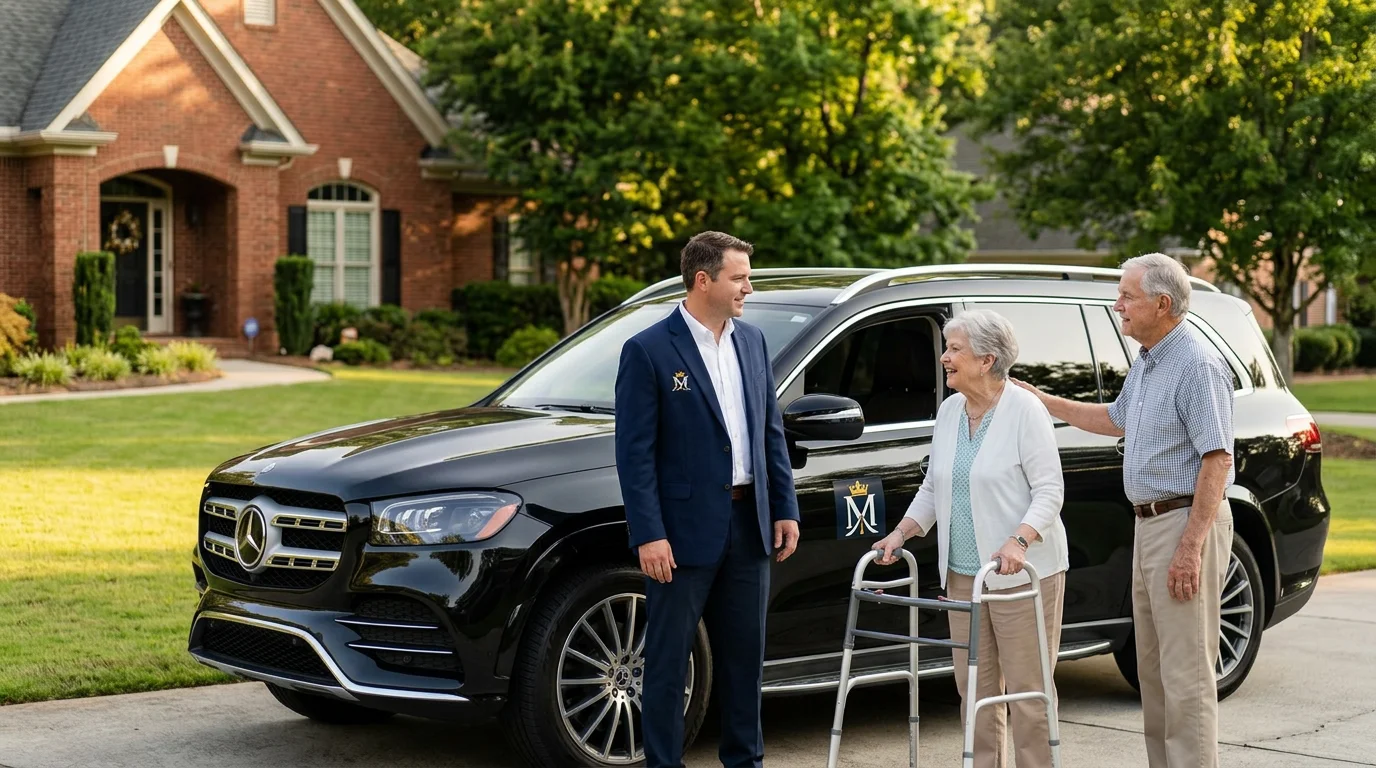 Senior couple with a walker beside a black SUV and a professional driver outside a brick home