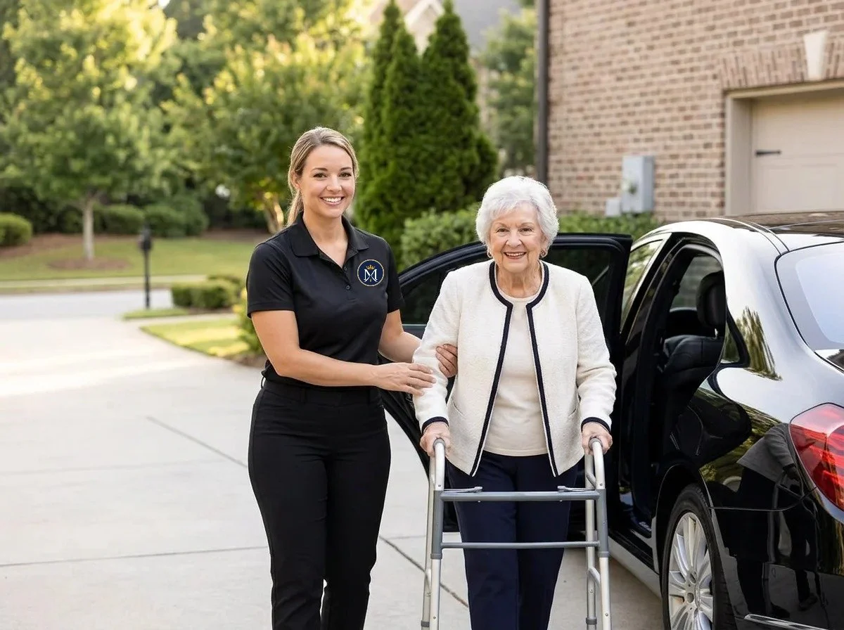 Caregiver helping an elderly woman with a walker out of a car in a suburban driveway