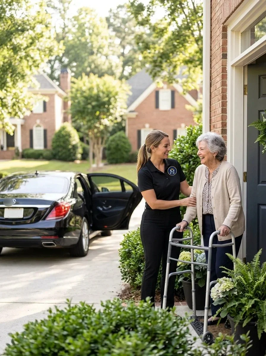 Caregiver helping an elderly woman with a walker outside her home beside a parked car
