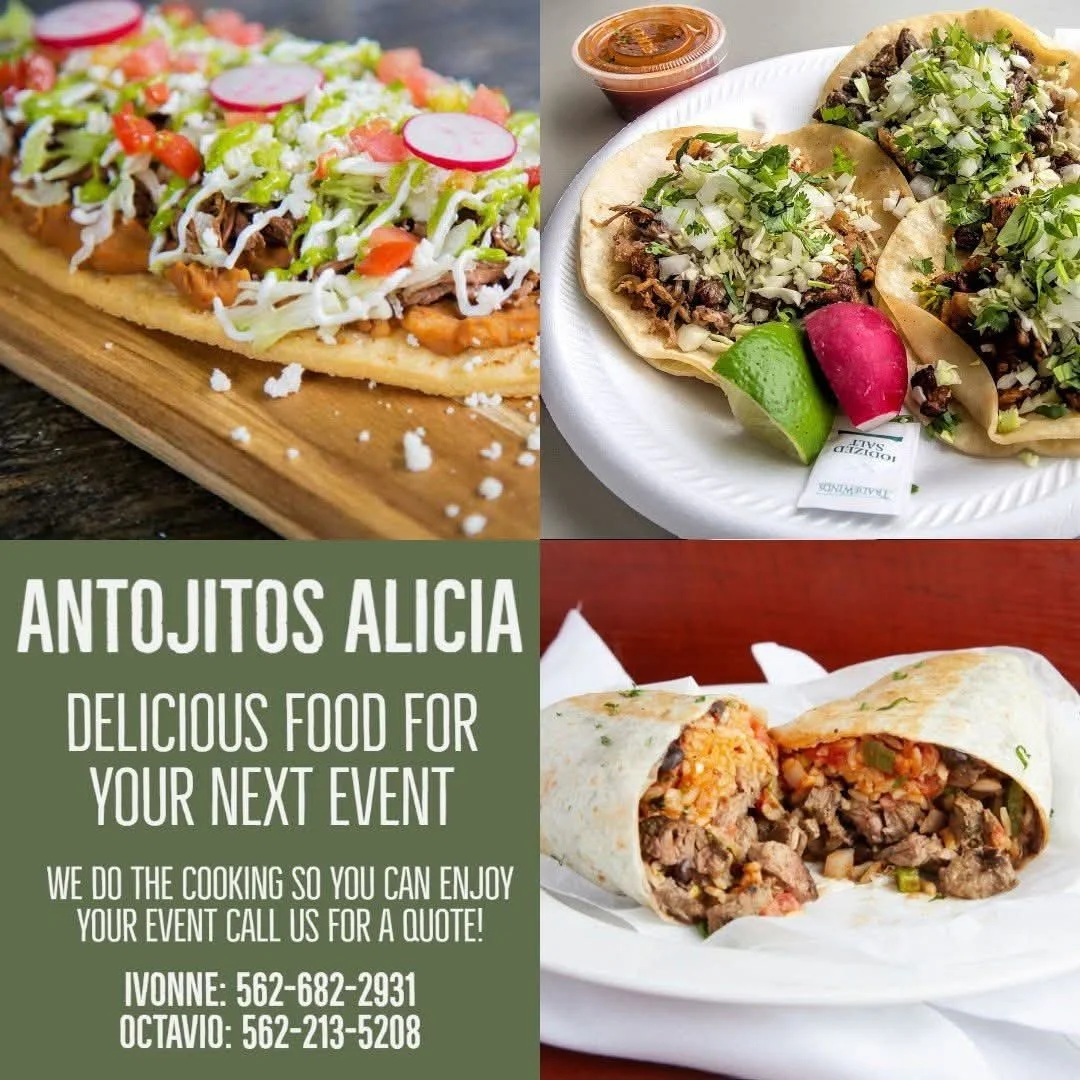A collage of Mexican food images: top left features a taco salad with lettuce, tomato, shredded cheese, and meat on a wooden board; top right displays three street-style tacos with chopped onions, cilantro, lime, and a small container of salsa; bottom right shows a beef burrito cut in half revealing rice, beans, and meat inside; bottom left contains green background with white text advertising "Antojitos Alicia" with contact information.