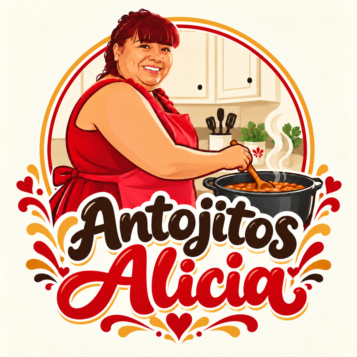 Illustration of a smiling woman cooking beans in a pot on the stove, wearing a red apron, with the words "Antojitos Alicia" in decorative text at the bottom.