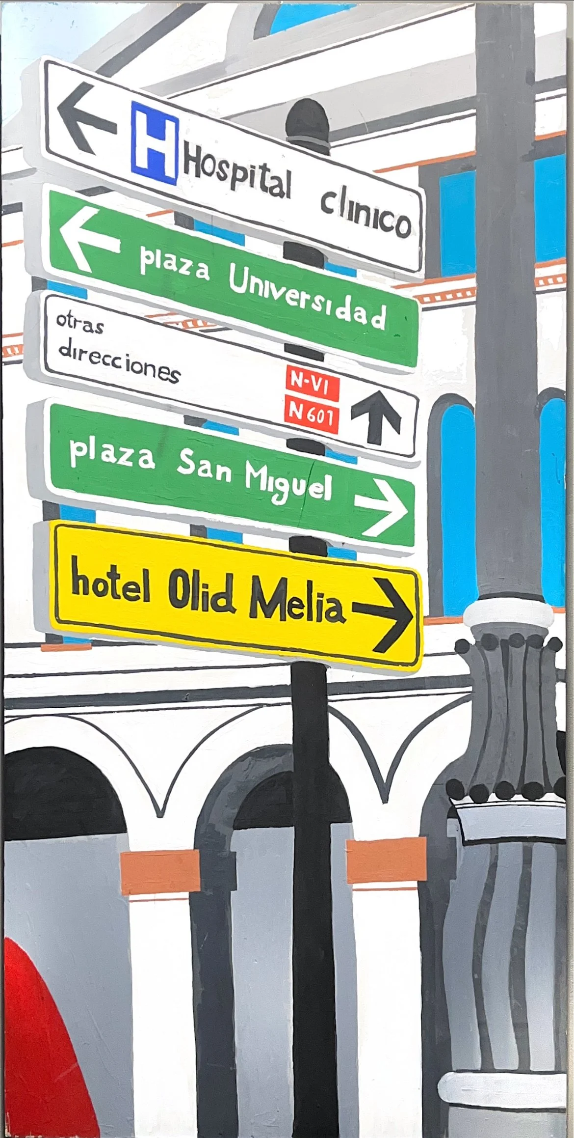 Señales de tránsito en una calle citadina, indicando direcciones hacia un hospital clínico, una plaza universitaria, el hotel Old Melia, y otras direcciones, con diferentes colores y flechas.