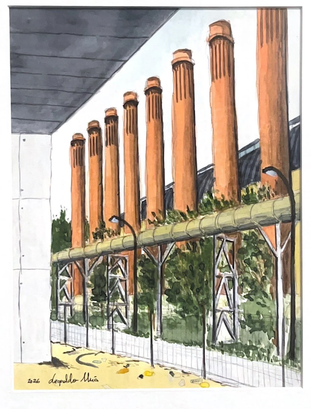 Dibujo de varias chimeneas de fábrica de color ocres y un tubo de ventilación, con árboles y vegetación en el fondo, debajo de un puente o estructura metálica.