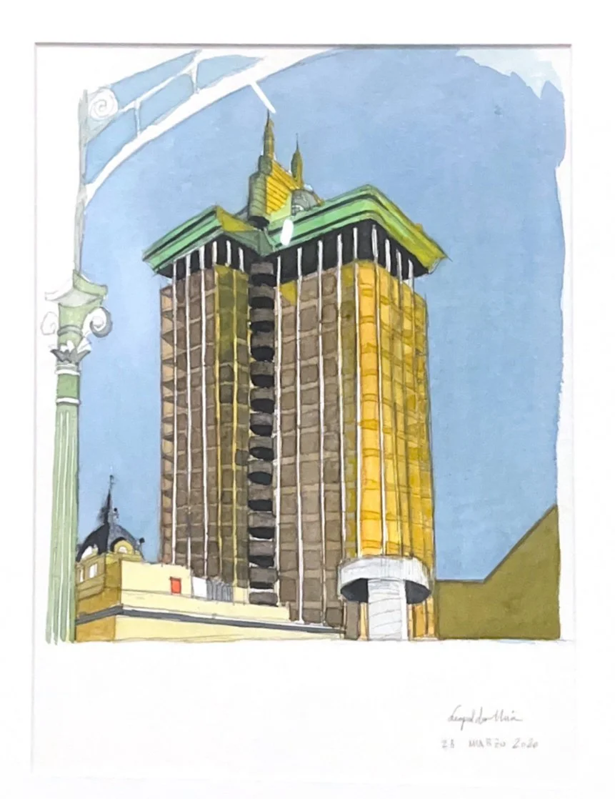 Dibujo de un edificio alto y en construcción, con el andamio visible en el centro, bajo un cielo azul, rodeado de columnas decorativas y con detalles en oro y verde en la estructura superior.