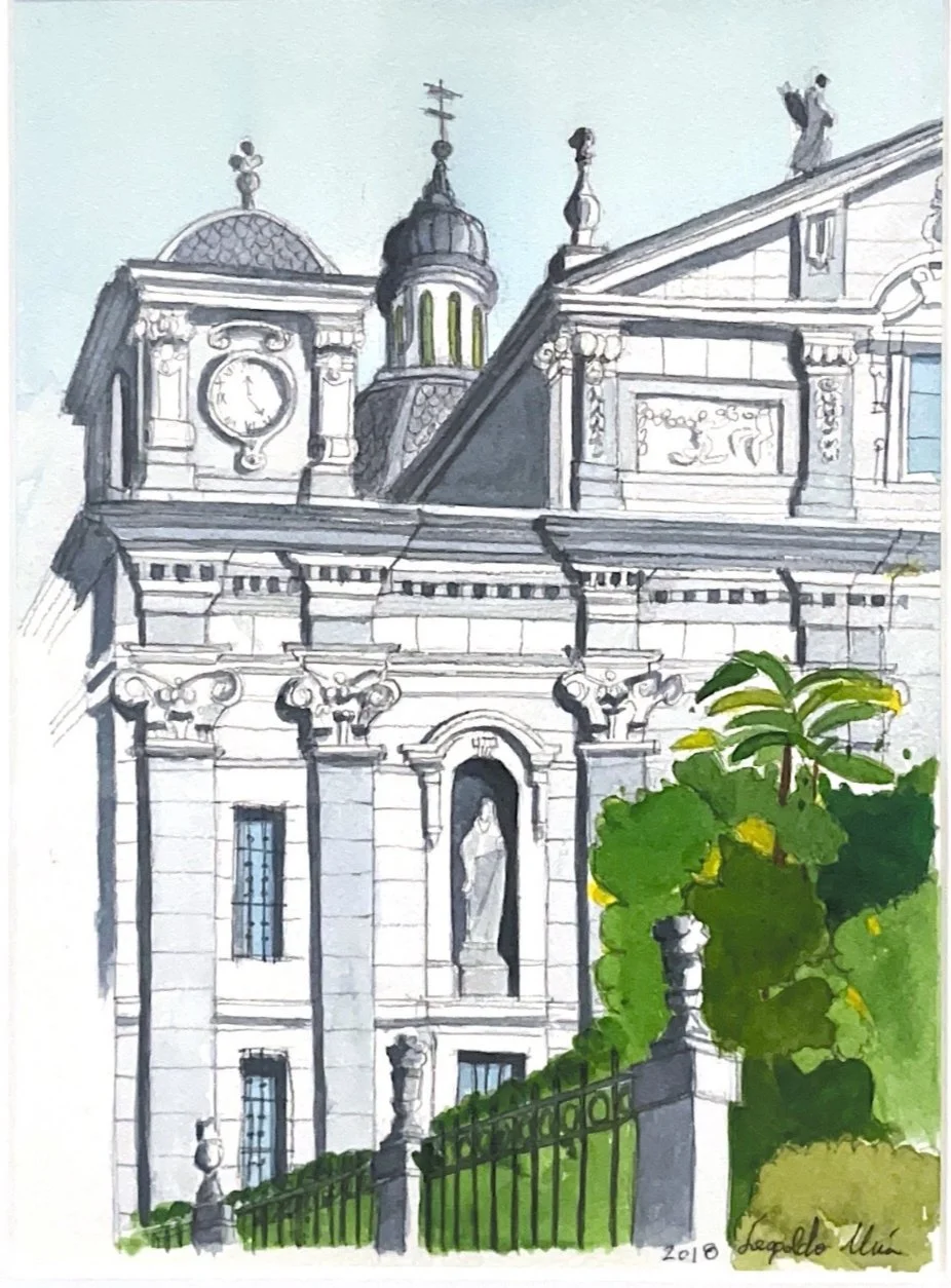 Dibujo de un edificio histórico con detalles arquitectónicos, una estatua en una de las ventanas, un reloj y un árbol en el frente.