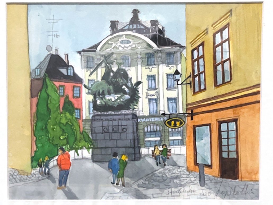 Dibujo de una plaza urbana con edificios coloridos, árboles y una estatua en el centro, con varias personas paseando y sentadas.