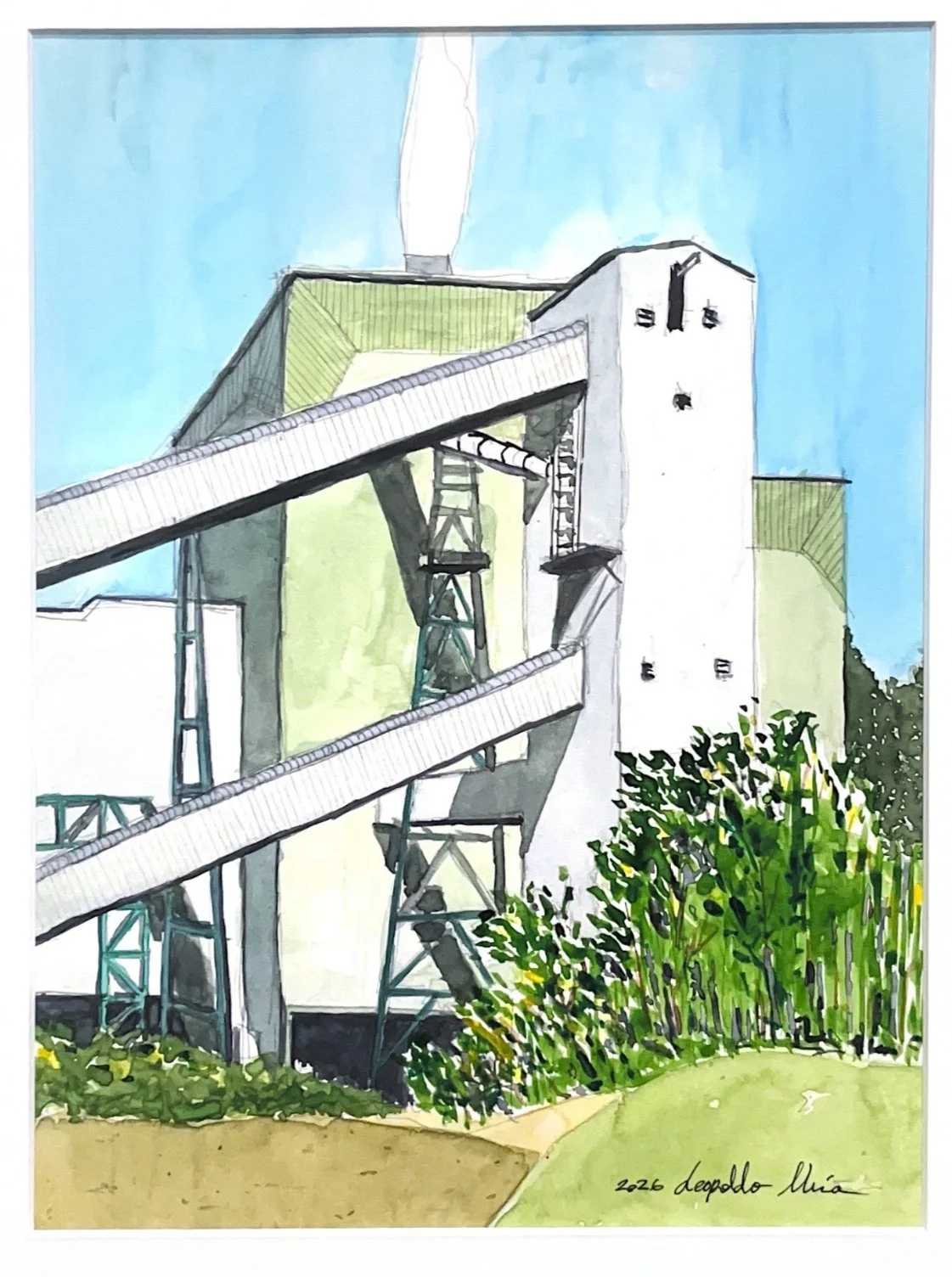 Ilustración de una planta industrial con estructuras metálicas y tubos en un día soleado, con vegetación en primer plano y cielo azul.