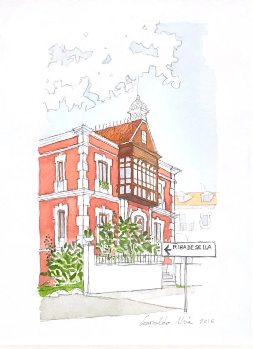 Dibujo de una casa de estilo clásico con muro rojo y balcones, con un cartel que dice "R. BISBISD E S E L A" y vegetación en el frente.