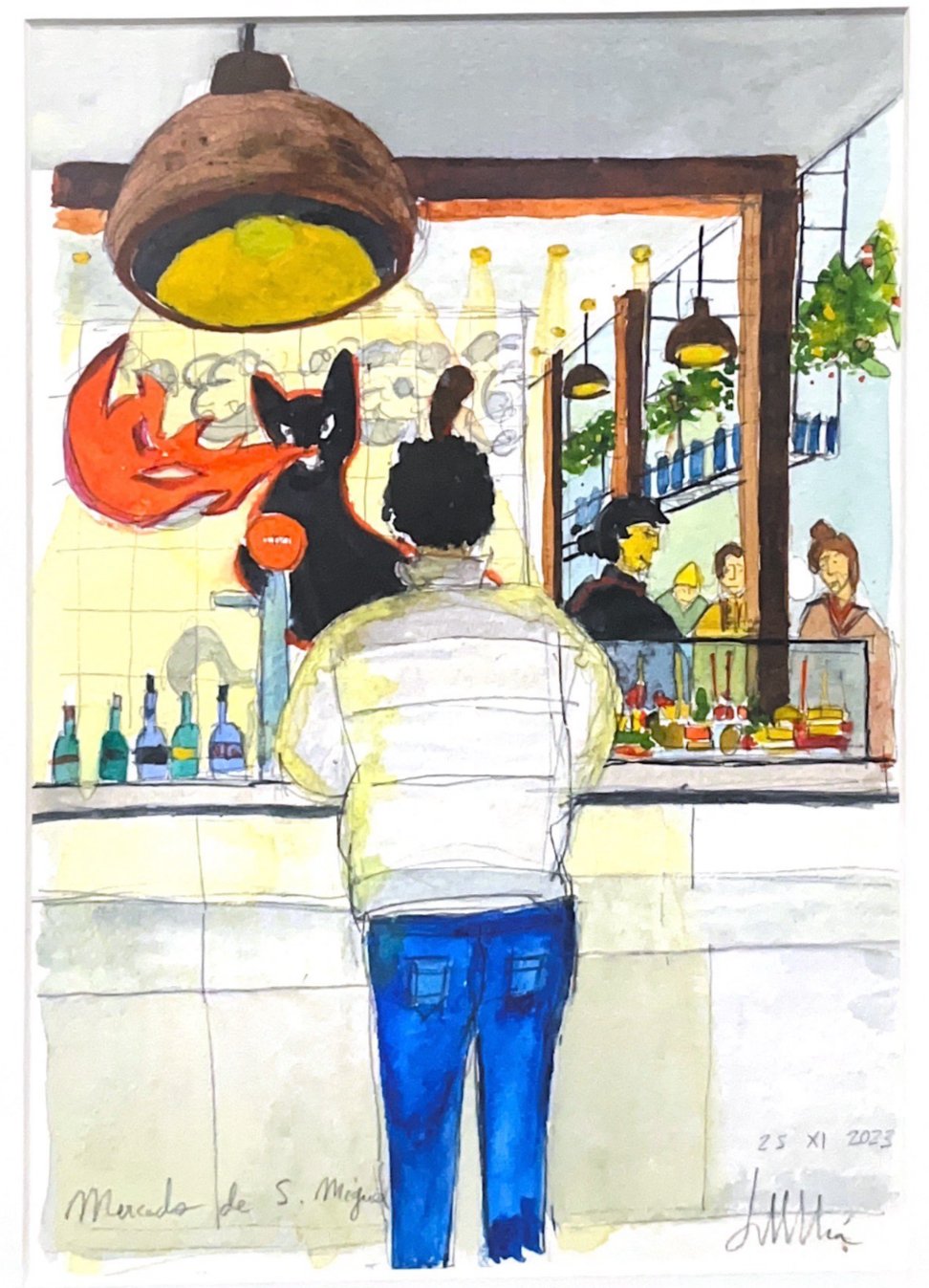 Dibujo colorido de un mercado o puesto de comida con personas y un gato negro con fuego en su boca, vista desde atrás de una persona con camiseta blanca y jeans azules. DINOSA G. 25 XI 2023.