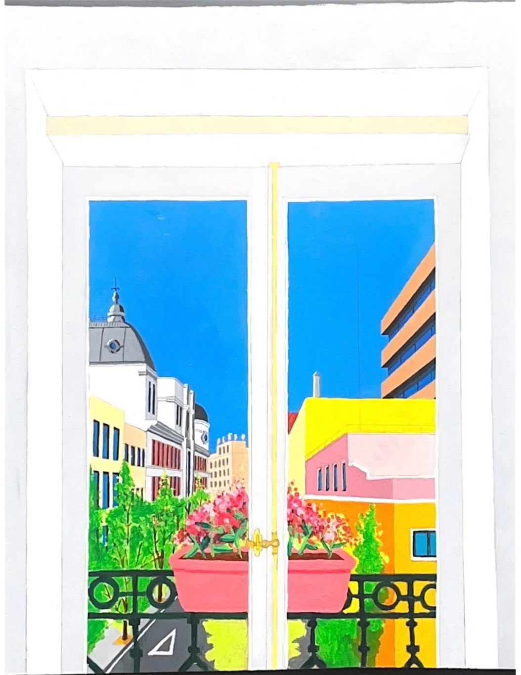 Cuadro que representa una vista desde una ventana, con un cielo azul, edificios coloridos, flores en macetas y un balcón con barandilla negra.