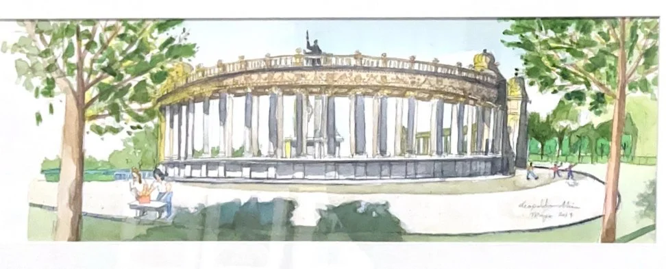Ilustración de un monumento en un parque con árboles y personas paseando y sentadas.
