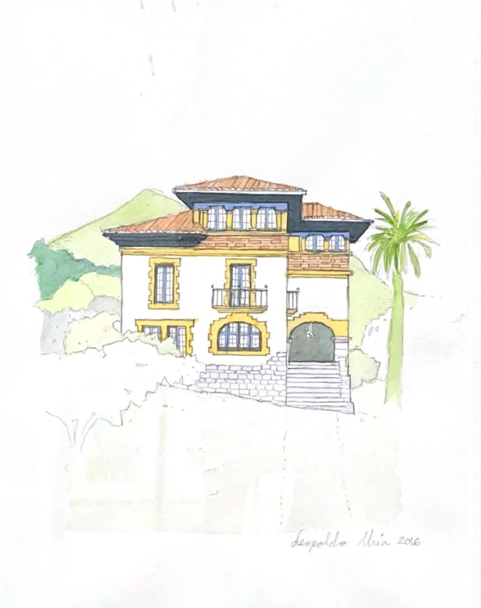 Dibujo de una casa de varios pisos con paredes blancas, detalles en amarillo y ventanas con marcos en negro, rodeada de árboles y palmeras, con un fondo de colinas verdes.