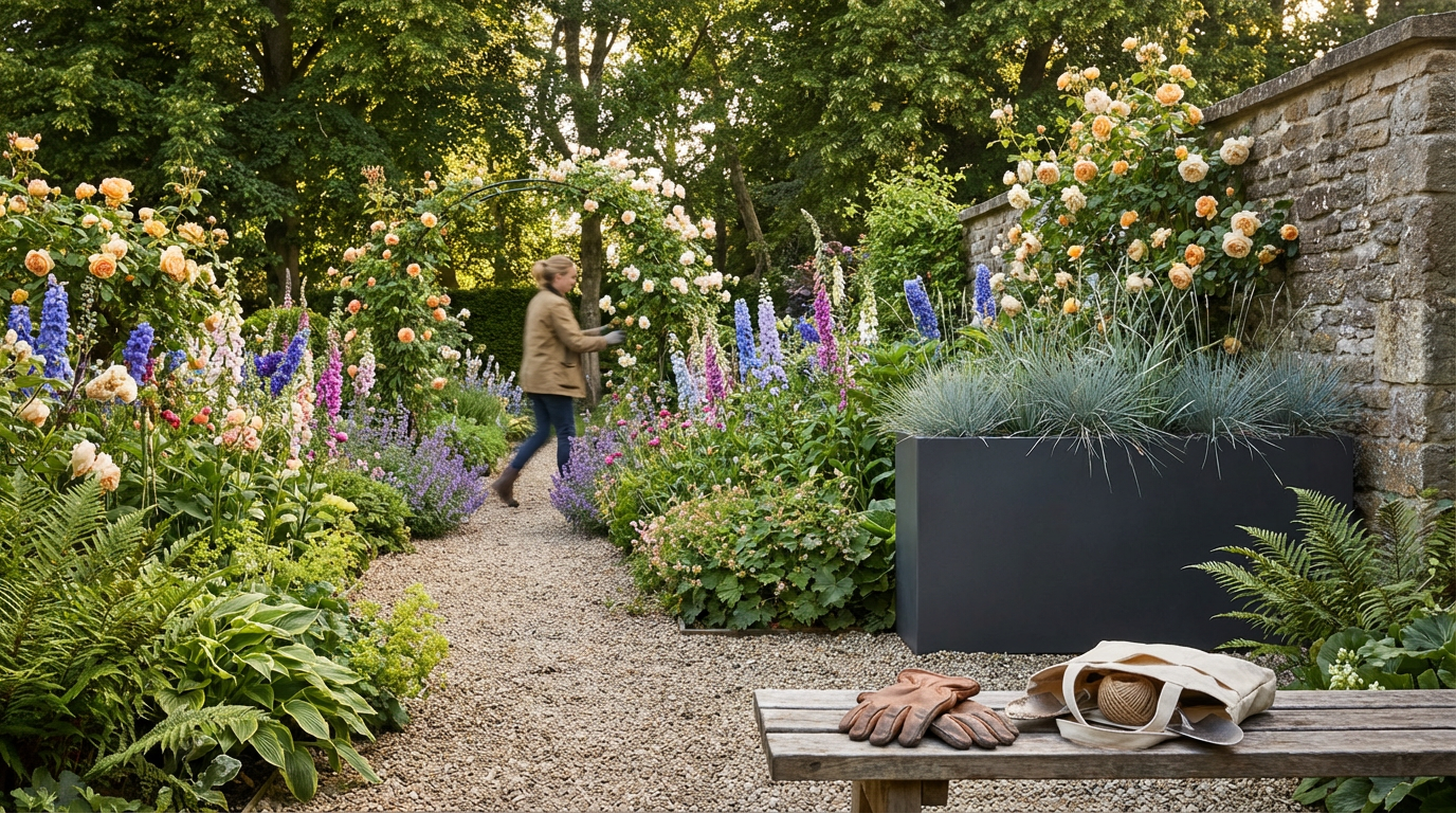A person in a brown jacket walking on a garden pathway surrounded by colorful flowers and greenery, with gloves and a bag resting on a wooden bench in the foreground.