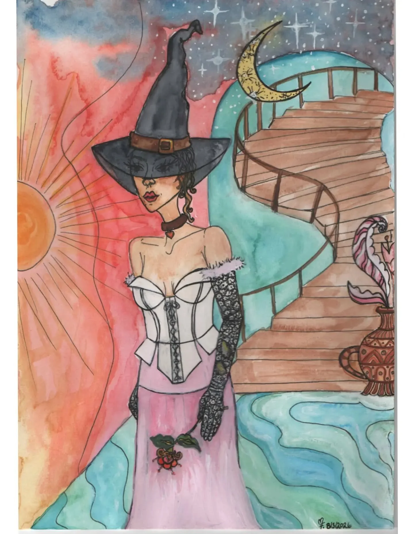 “Feiticeira”, 2026 Materiais : Aguarela, gouache e caneta sobre Papel Canson o portfólio