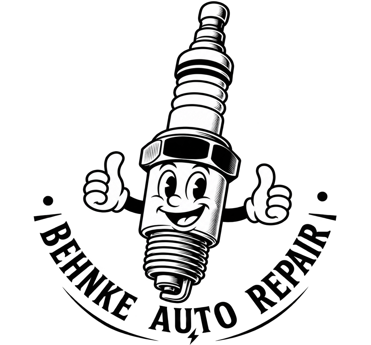 An animated illustration of a spark plug with a smiling face giving a thumbs up.
