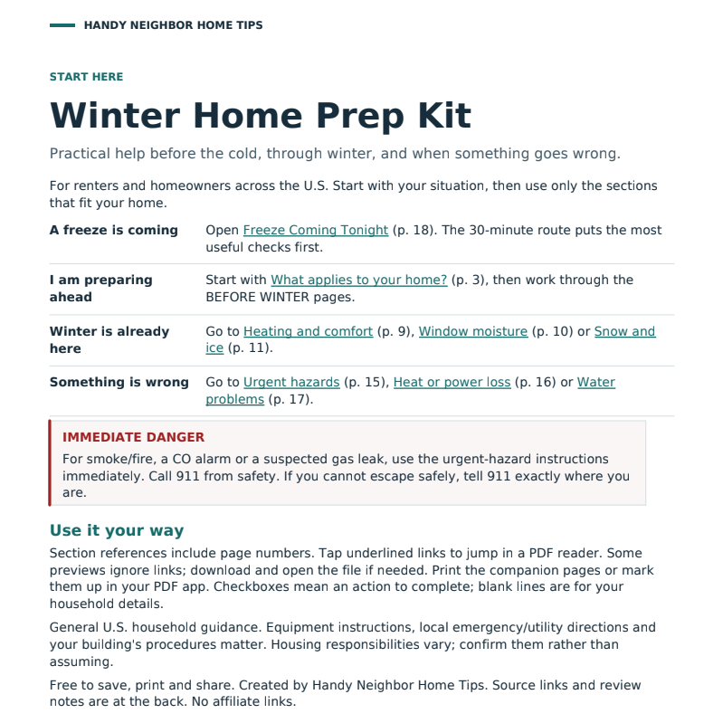 Winter Home Prep Kit guide by Handy Neighbor Home Tips, including sections on preparing for a freeze, winter safety tips, and emergency procedures.