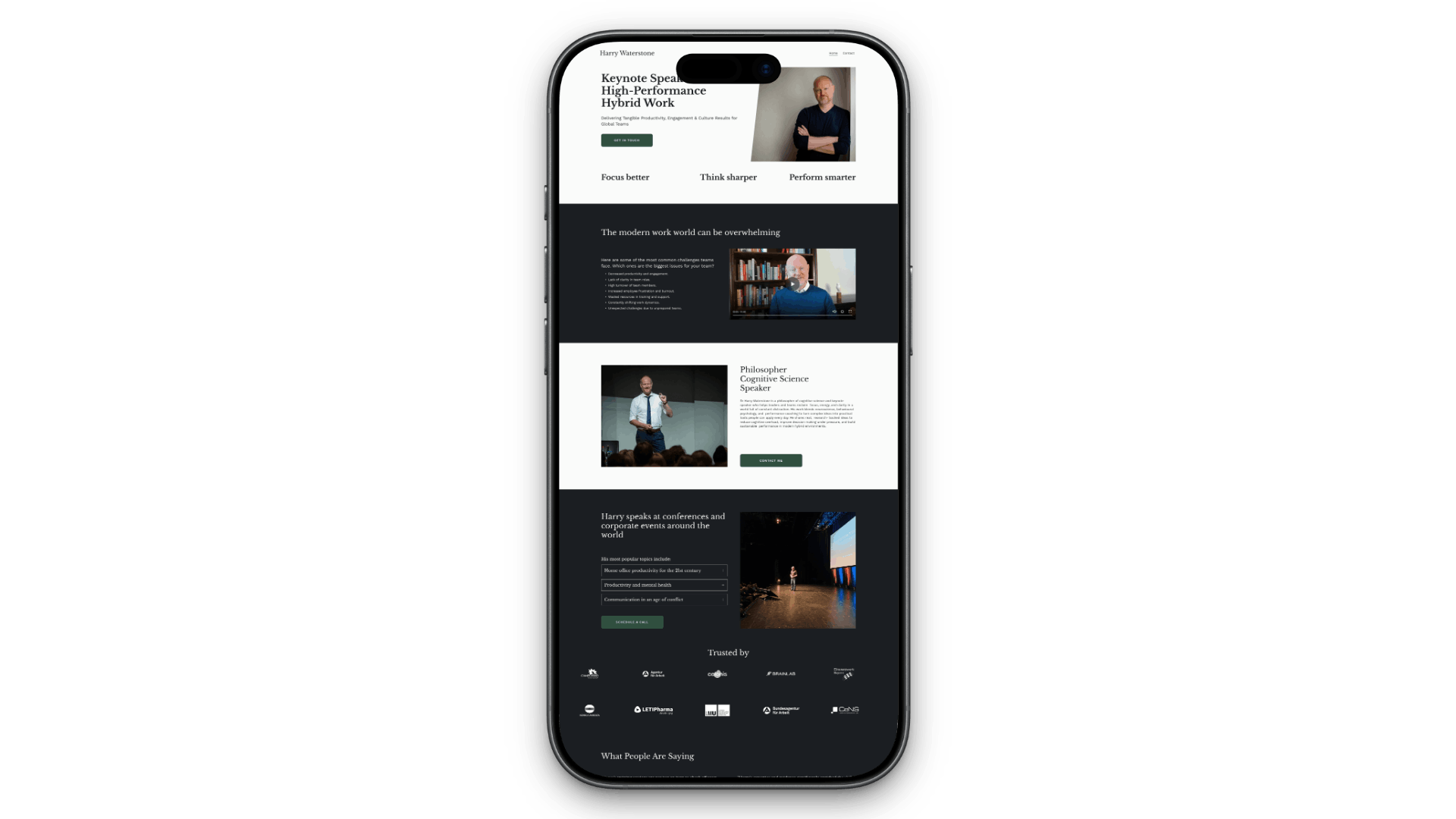 Harry Waterstone's landingpage on iPhone