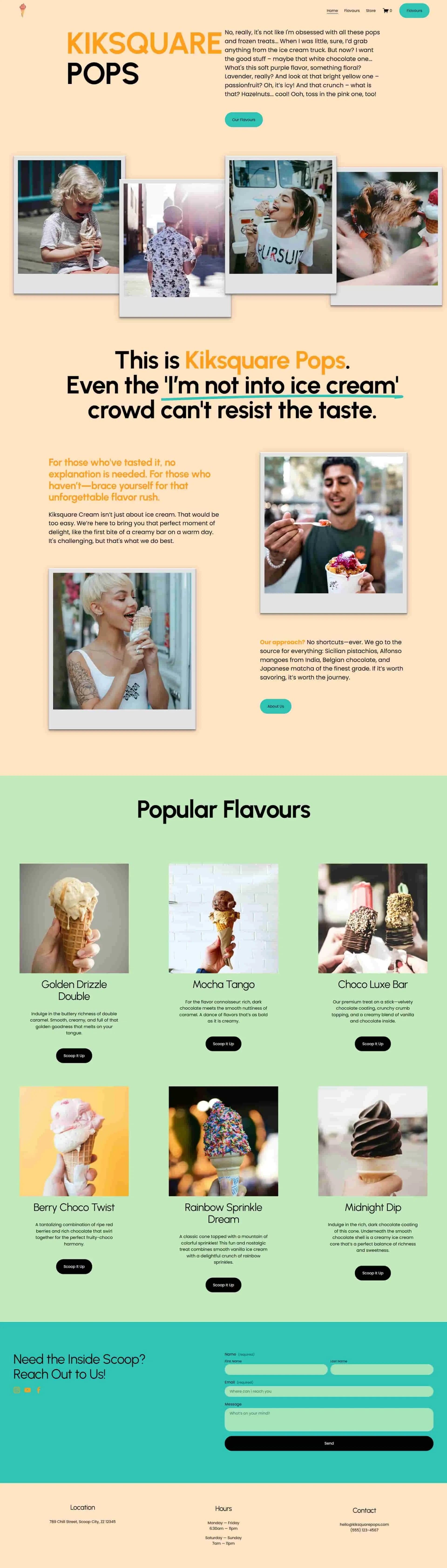 Screenshot of KikSquare Pops’ Squarespace website with a vibrant design, showcasing integrated shop functionality for their unique products.