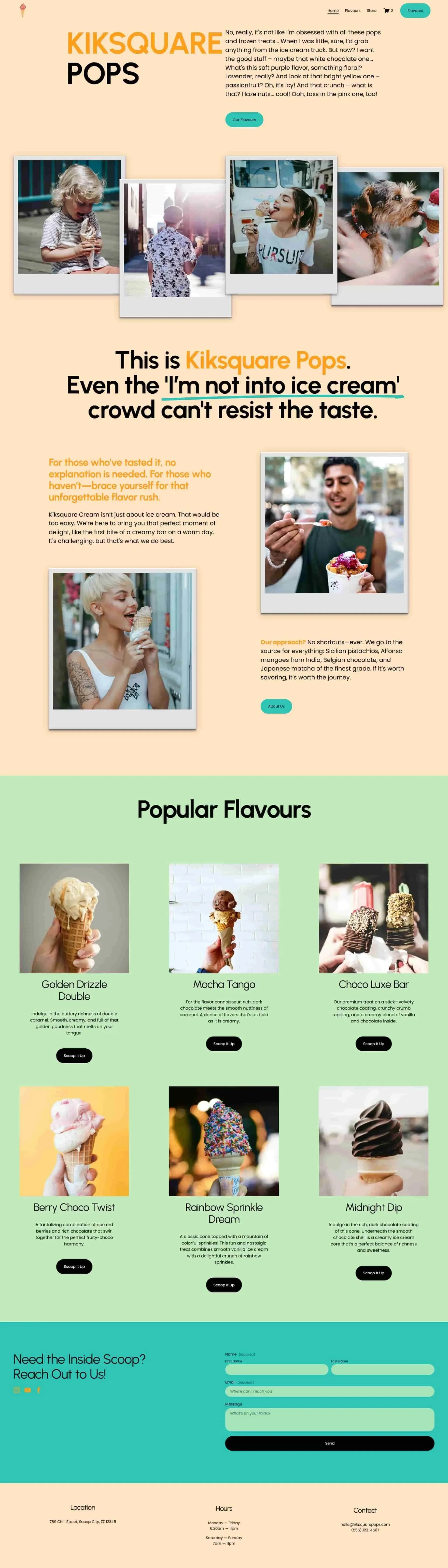 Screenshot of KikSquare Pops’ Squarespace website with a vibrant design, showcasing integrated shop functionality for their unique products.