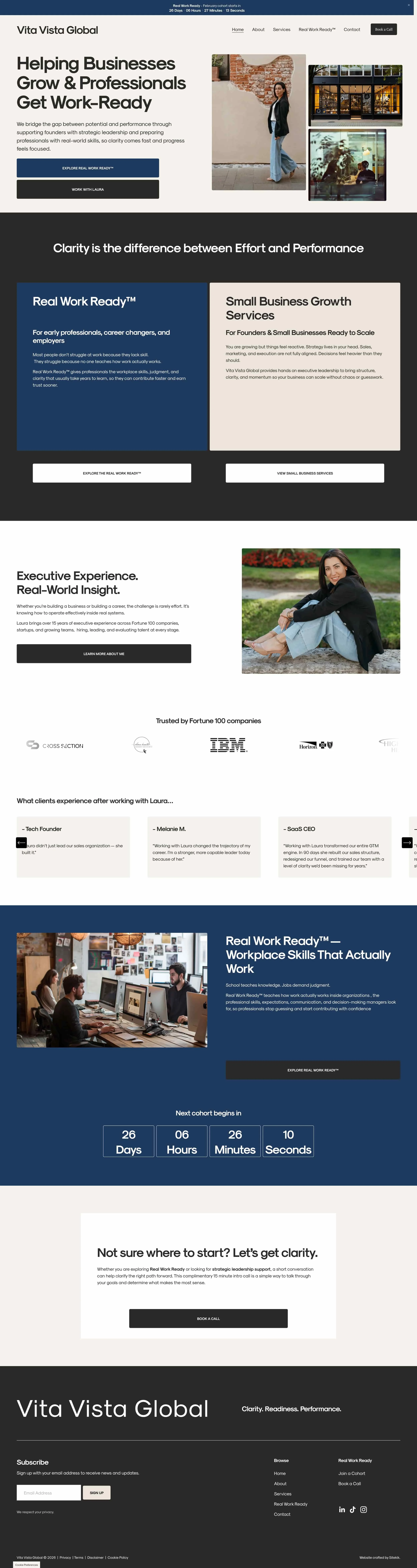 Website homepage for Vita Vista Global highlighting services for helping businesses grow and professionals get work-ready, featuring images of people in professional settings and office environments.