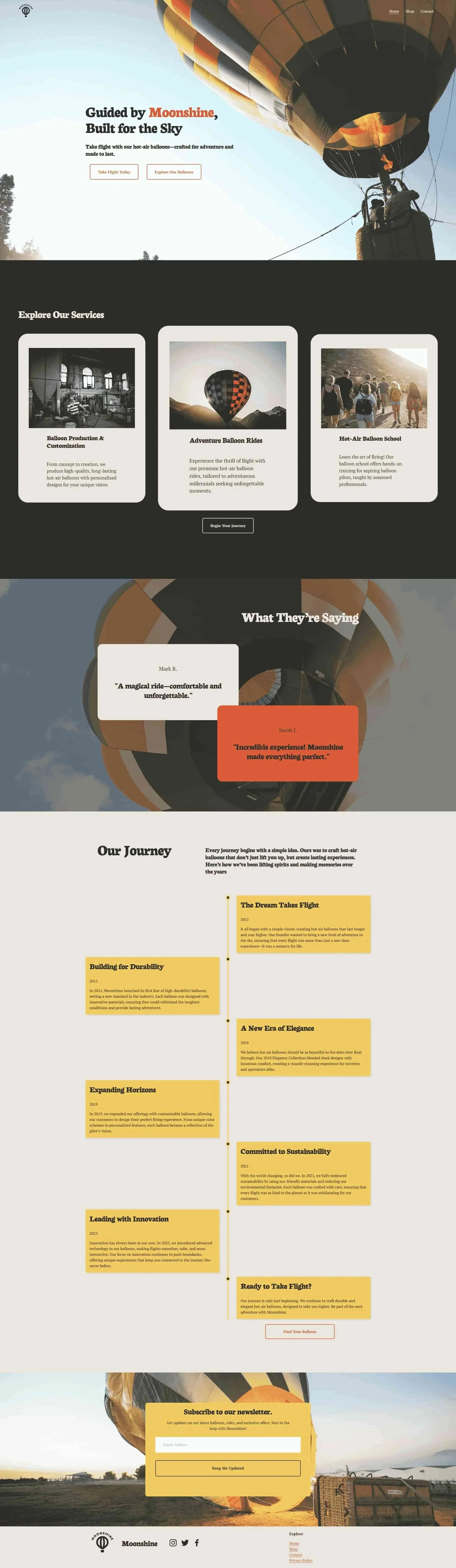 Screenshot of Moonshine’s Squarespace website, showcasing a sleek design with high-quality visuals, engaging copy, and a focus on brand storytelling.