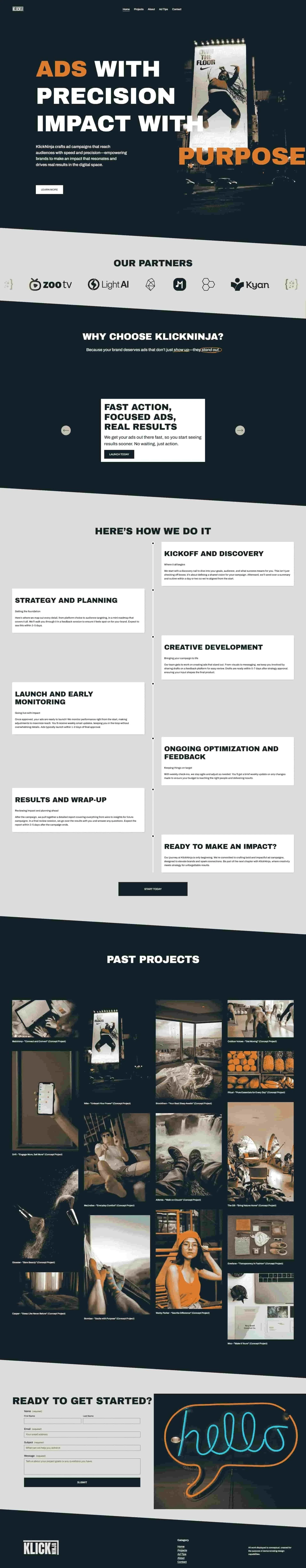 Screenshot of Click Ninja’s Squarespace portfolio website, featuring custom layouts to display case studies and projects with an interactive design.