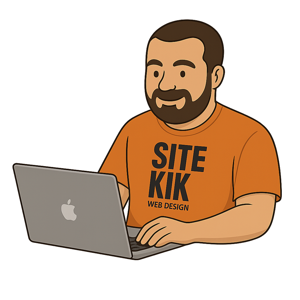 A man with a beard and short hair, wearing an orange T-shirt that says 'SITE KIK WEB DESIGN,' is working on a silver Apple laptop with an Apple logo on the back.