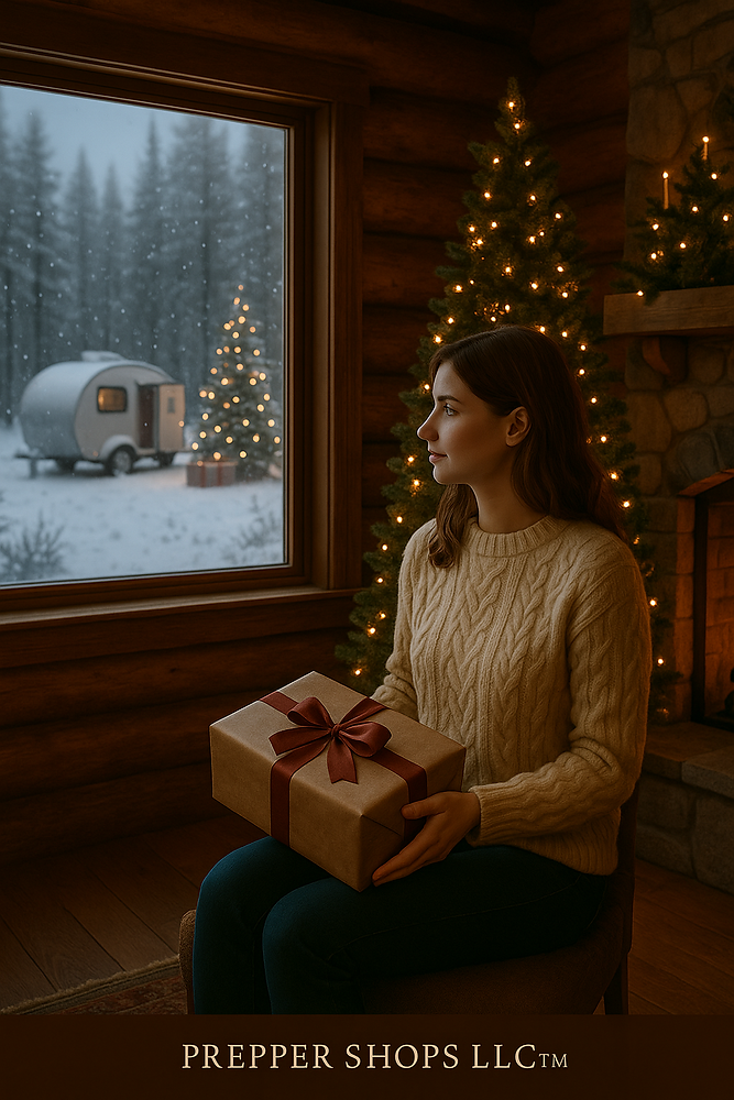 Prepared solo traveler beside a camper in a winter landscape