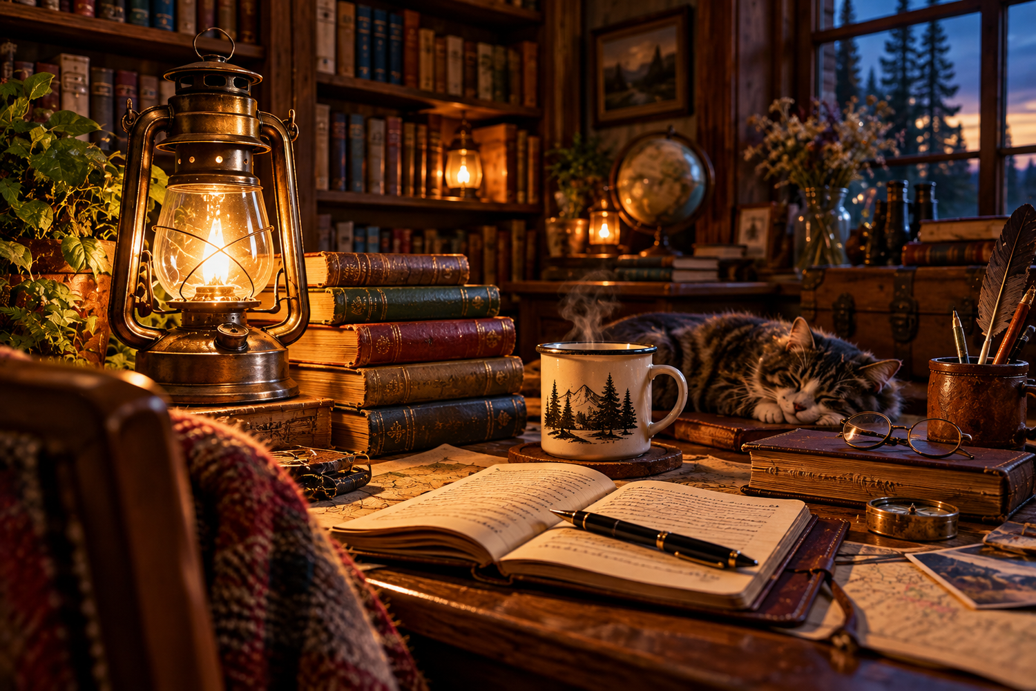 Cozy writer's library at evening: a glowing antique lantern beside a stack of leather-bound books, an open journal with a pen, a steaming camp mug, and a cat asleep on the desk, with pine trees and a twilight sky beyond the window.