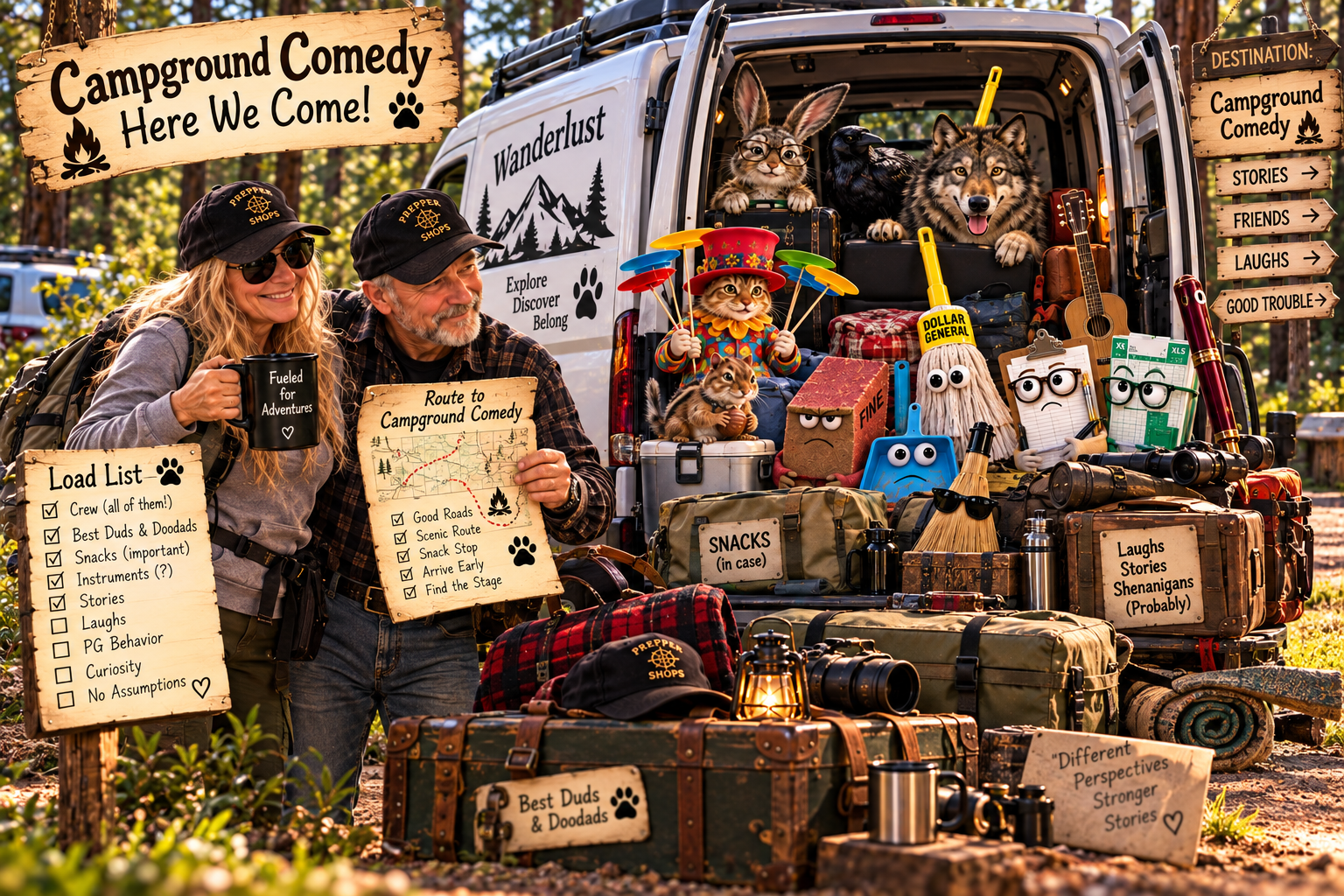 The Rabbit Hole crew beside Wanderlust at the outdoor Campground Comedy stage
