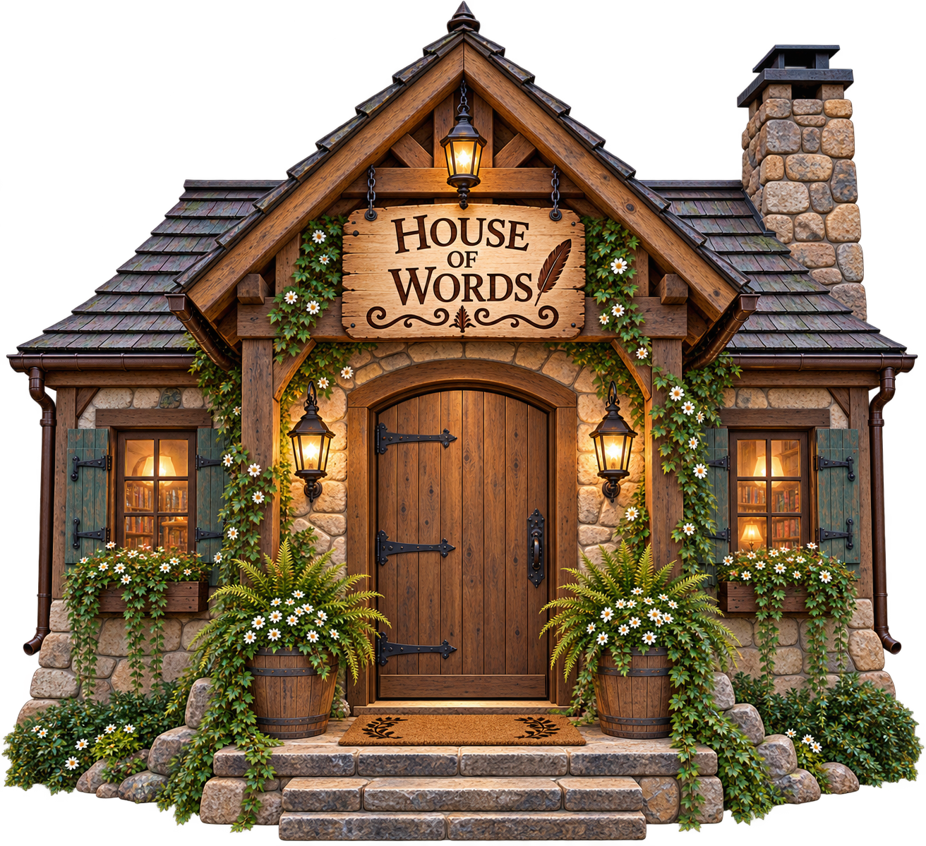 The House of Words, a warmly lit storybook cottage