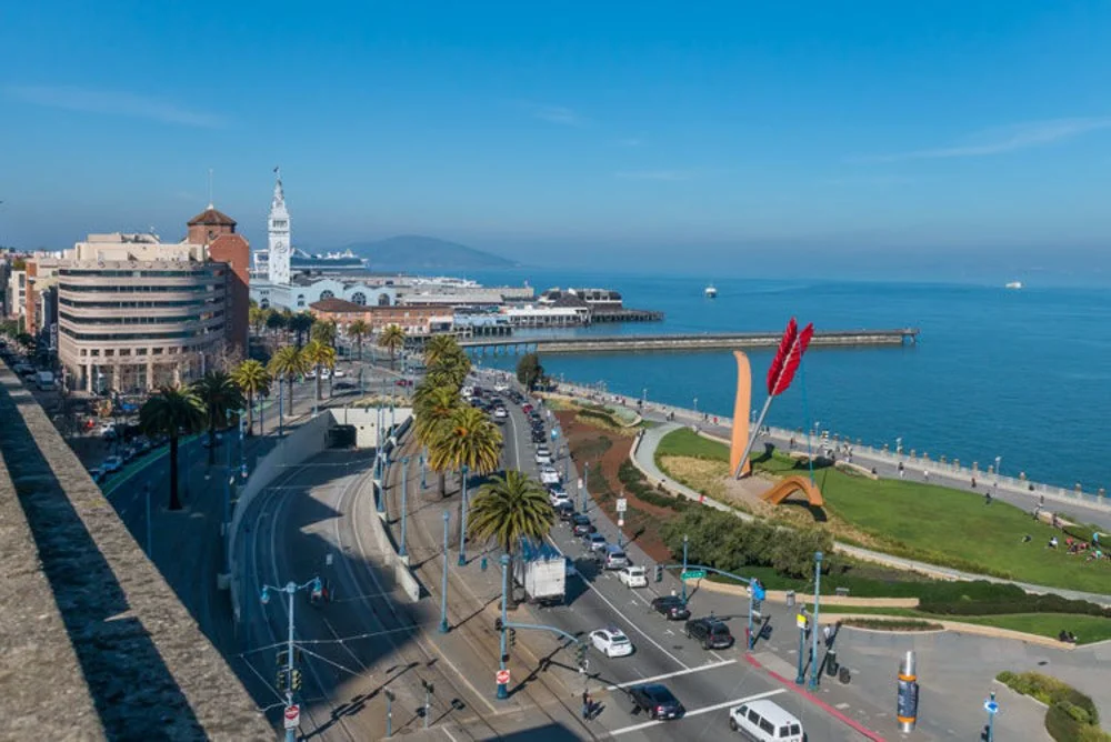 A coastal cityscape with a waterfront park, a distinctive sculpture, city buildings, palm trees, and a road filled with cars along the ocean.