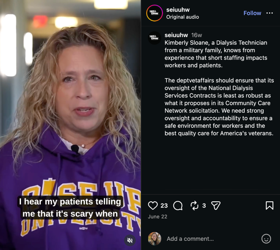 Screenshot of a social media post featuring a healthcare worker saying "I hear my patients tell me it's scary when..."
