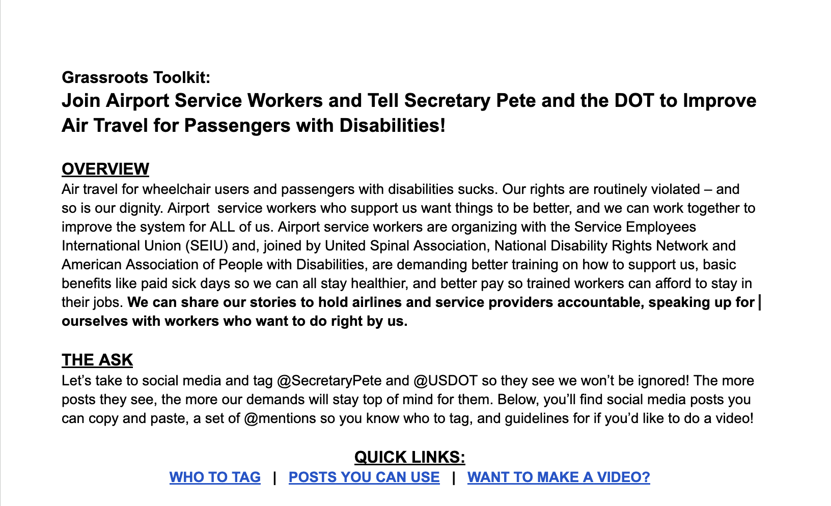 A screenshot of a digital toolkit moblizing disability rights activists and airport workers for shared dignity.