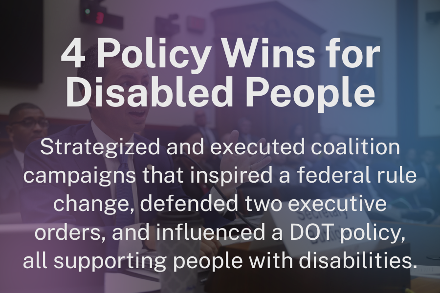 4 Policy Wins for Disabled People  Strategized and executed coalition campaigns that inspired a federal rule change, defended two executive orders, and influenced a DOT policy, all supporting people with disabilities.