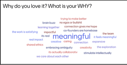 Screenshot of a word cloud asking "Why do you love it? What is your WHY?" The clear top answers reads "meaningful.