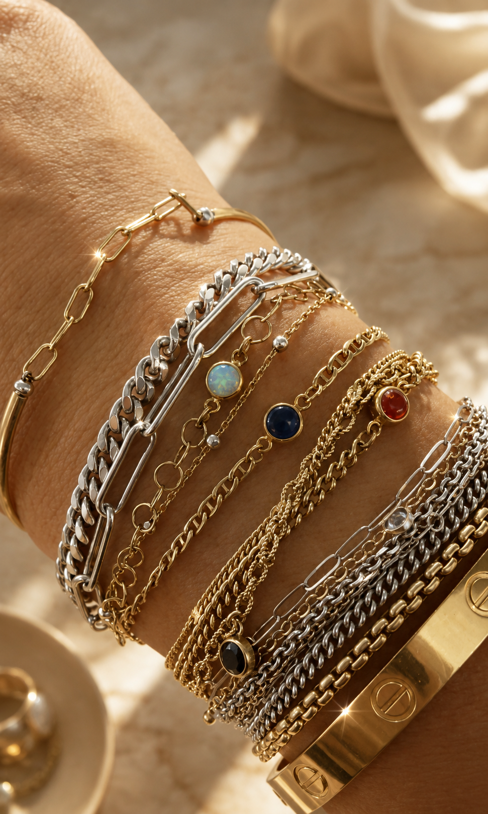 Multiple layered bracelets with gold and silver chains, colorful gemstones, and a gold cuff, worn on a person's wrist.